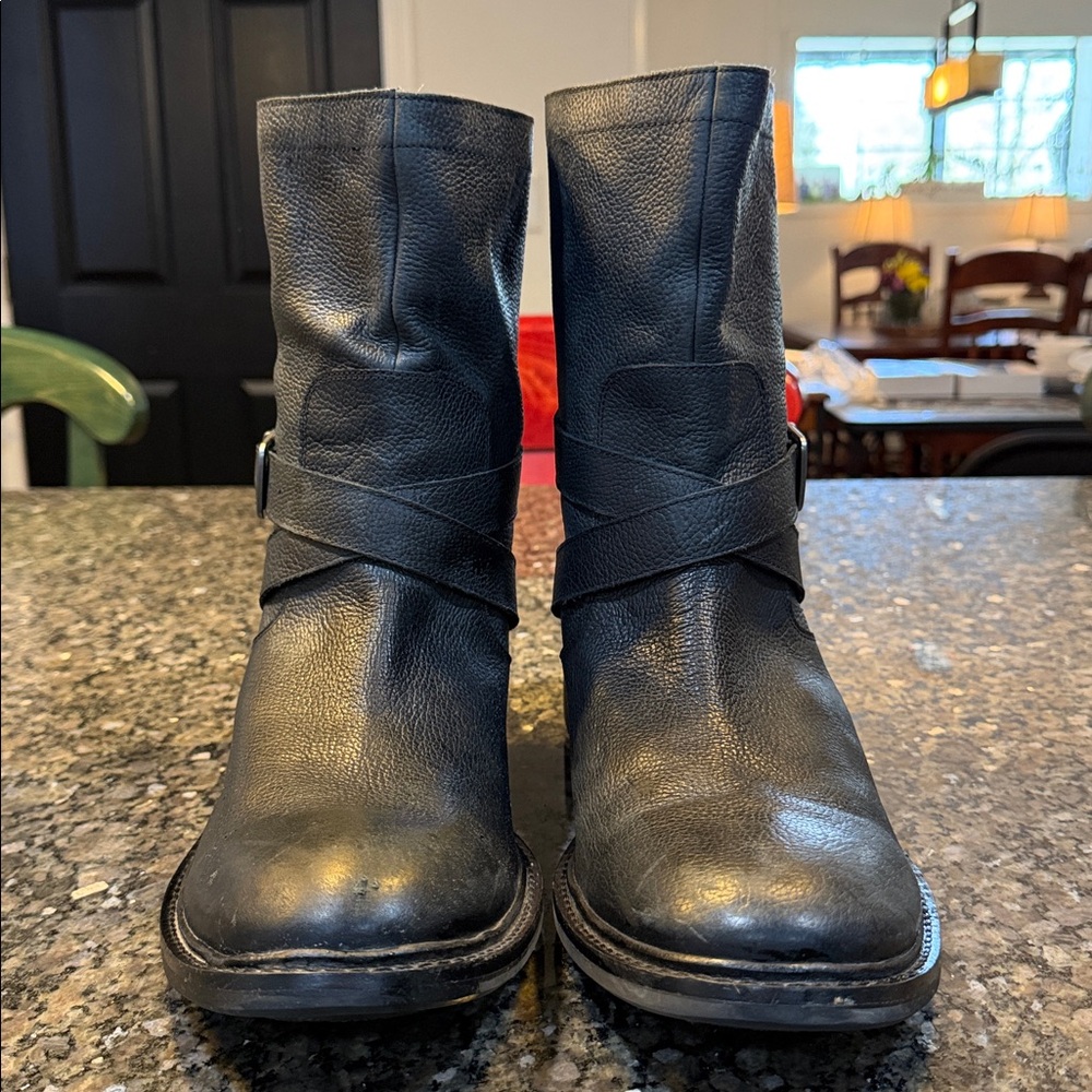 Cole Haan 13 Black Leather 'Marshall' Mid Calf Biker Boots Zip